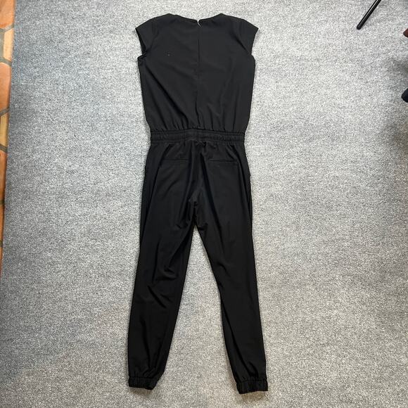 Albion Jumpsuit Women Small Black Ankle Zip Cap Sleeve Smocked Tie Waist BackZip - Picture 4 of 13